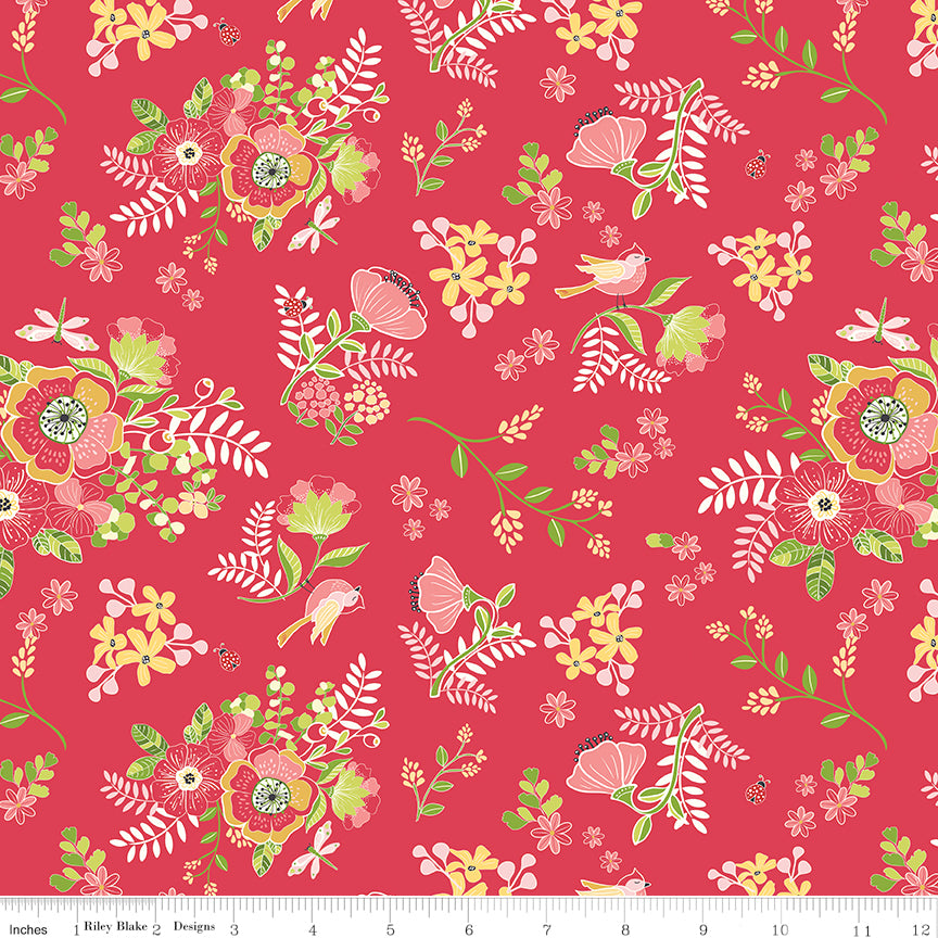 Awakening Spring Palette Cayenne by Riley Blake - vibrant floral clusters with birds and butterflies on red cotton fabric