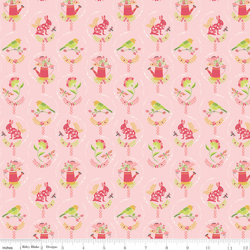 Awakening Spring Charms Pink by Riley Blake - bunnies birds watering cans and spring icons in oval medallions on pink cotton fabric