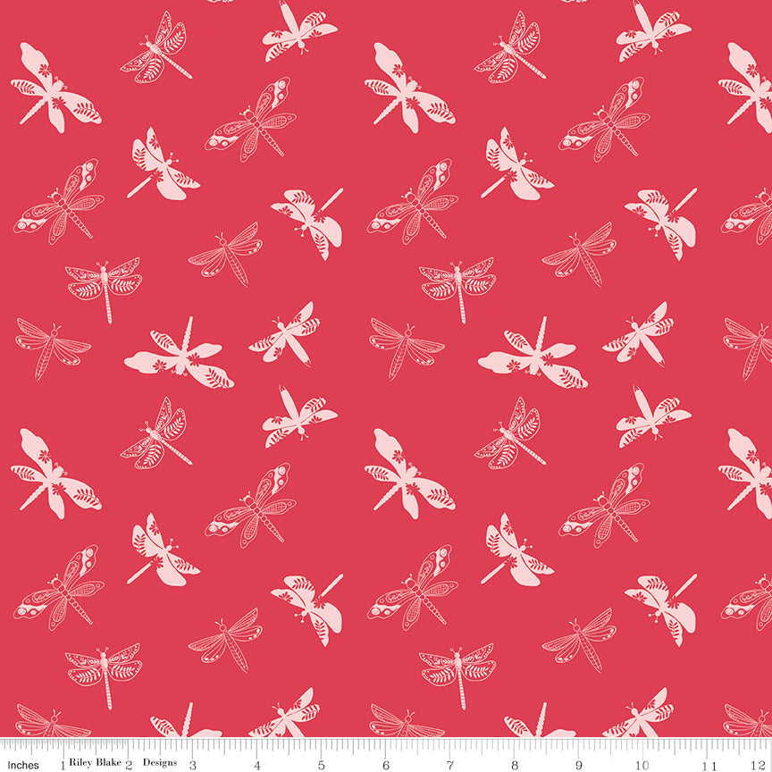 Awakening Libellulas Cayenne by Riley Blake - tone-on-tone pink dragonflies on cayenne red cotton fabric