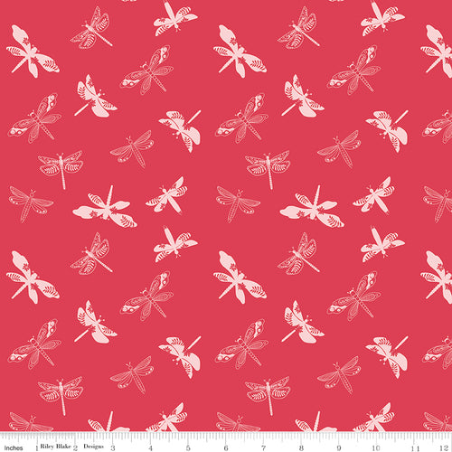 Awakening Libellulas Cayenne by Riley Blake - tone-on-tone pink dragonflies on cayenne red cotton fabric