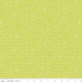 Awakening Garden's Promise Pear by Riley Blake - white cursive spring text with dragonflies on pear green cotton fabric