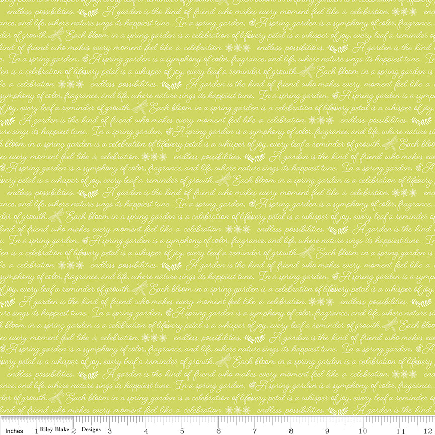 Awakening Garden's Promise Pear by Riley Blake - white cursive spring text with dragonflies on pear green cotton fabric