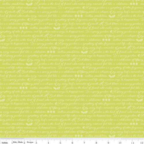 Awakening Garden's Promise Pear by Riley Blake - white cursive spring text with dragonflies on pear green cotton fabric