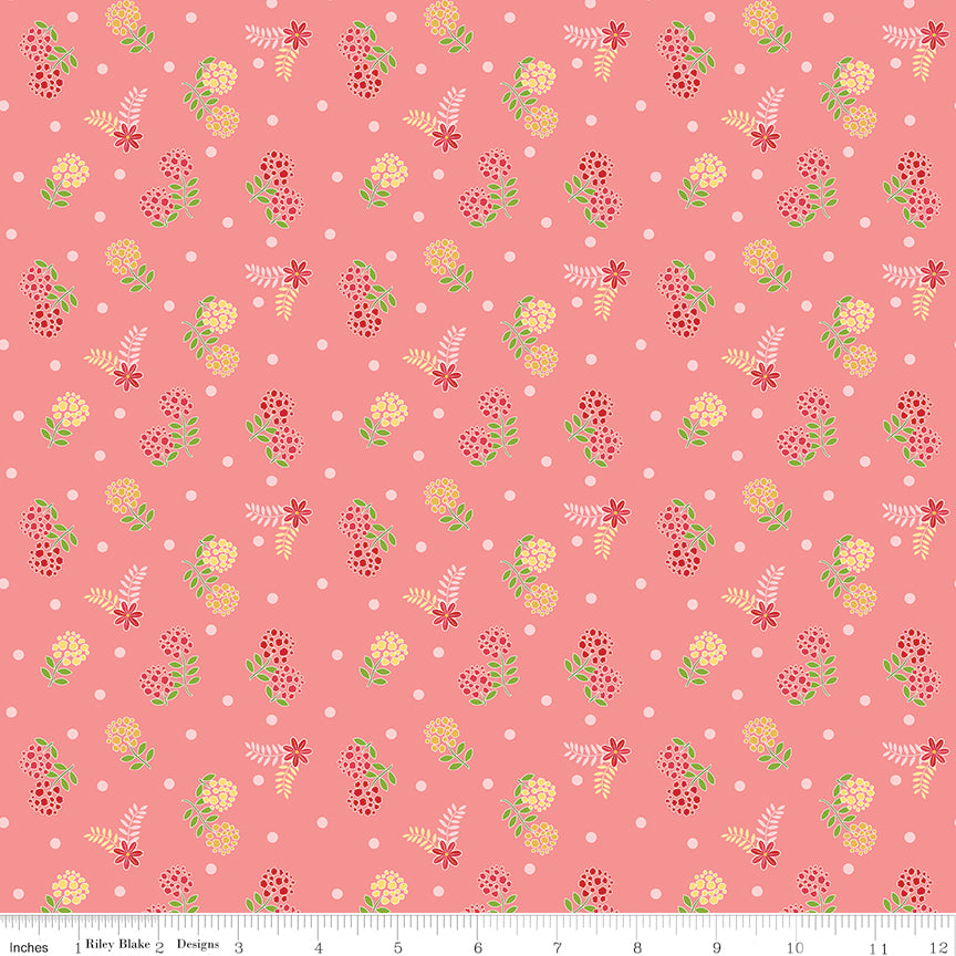 Awakening Blossoms Coral by Riley Blake - red and yellow berry blossoms with white polka dots on coral cotton fabric