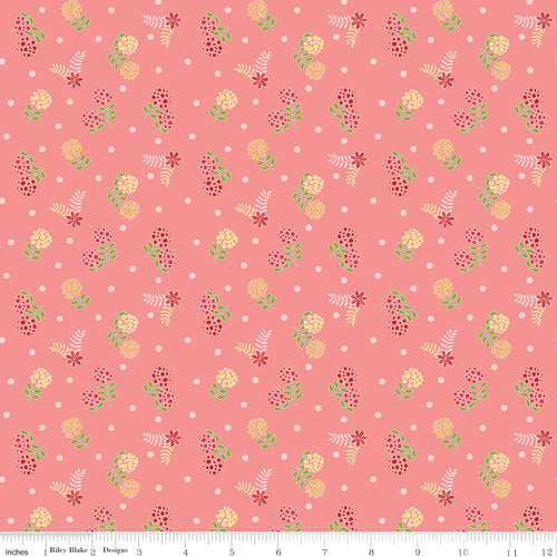 Awakening Blossoms Coral by Riley Blake - red and yellow berry blossoms with white polka dots on coral cotton fabric