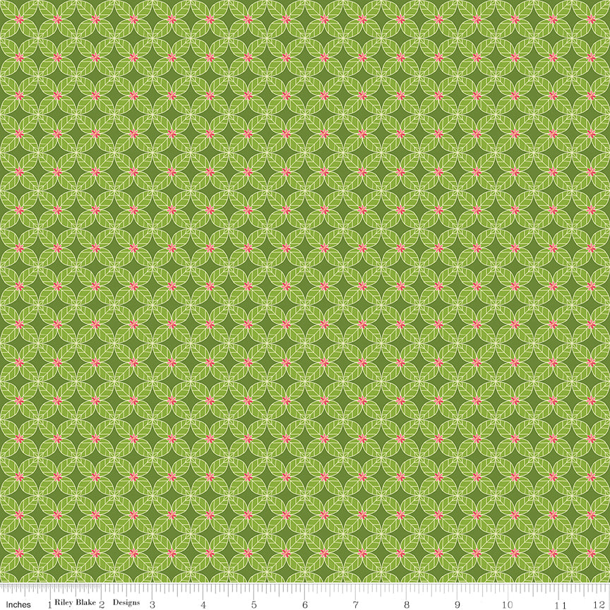 Awakening Petals Kiwi by Riley Blake - interlocking leaf lattice with pink star centers on kiwi green cotton fabric