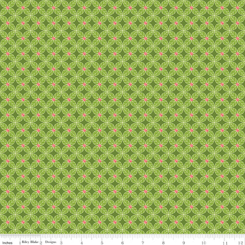 Awakening Petals Kiwi by Riley Blake - interlocking leaf lattice with pink star centers on kiwi green cotton fabric