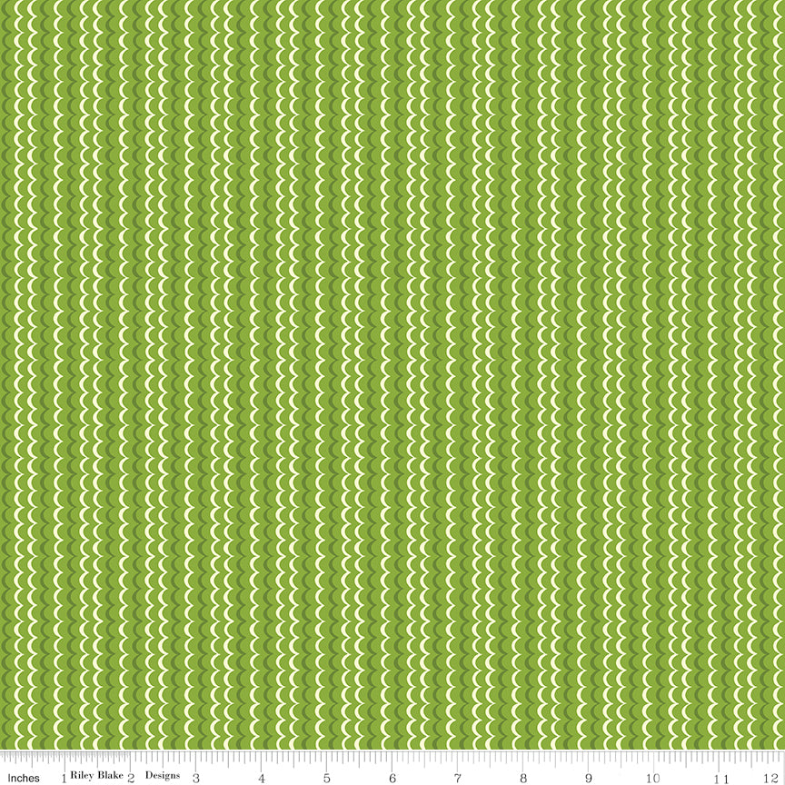 Awakening Scallops Kiwi by Riley Blake - scalloped stripe pattern in light and dark kiwi green with white accents cotton fabric