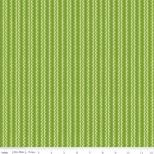 Awakening Scallops Kiwi by Riley Blake - scalloped stripe pattern in light and dark kiwi green with white accents cotton fabric