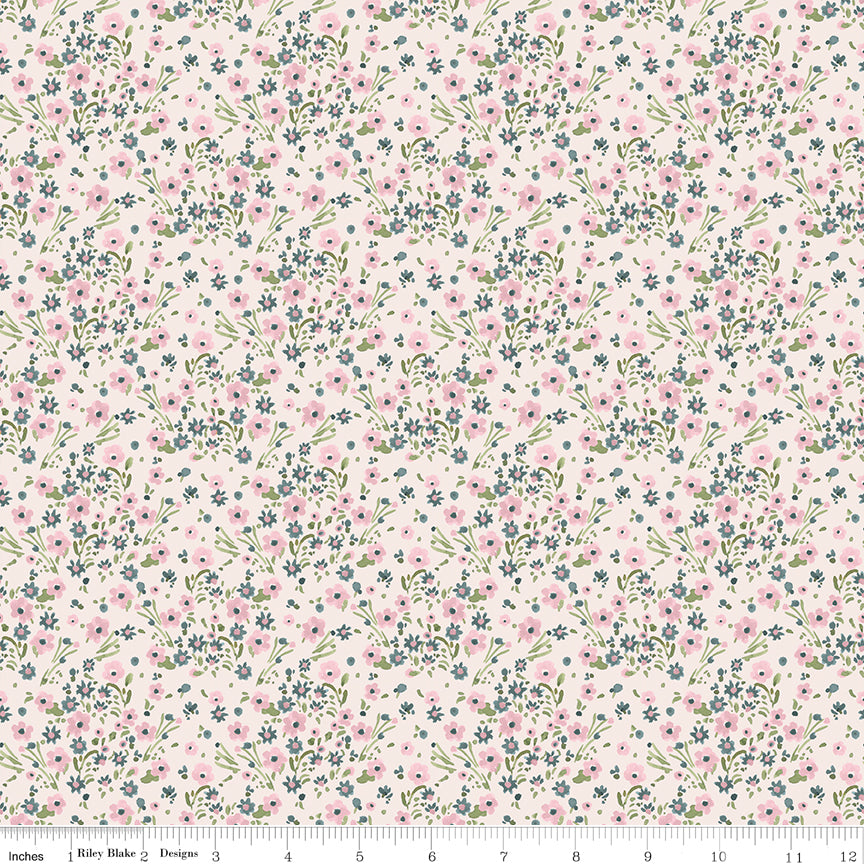 Sketchbook Blossoms Cream by Riley Blake - small pink blossoms and grey-green foliage on cream cotton fabric