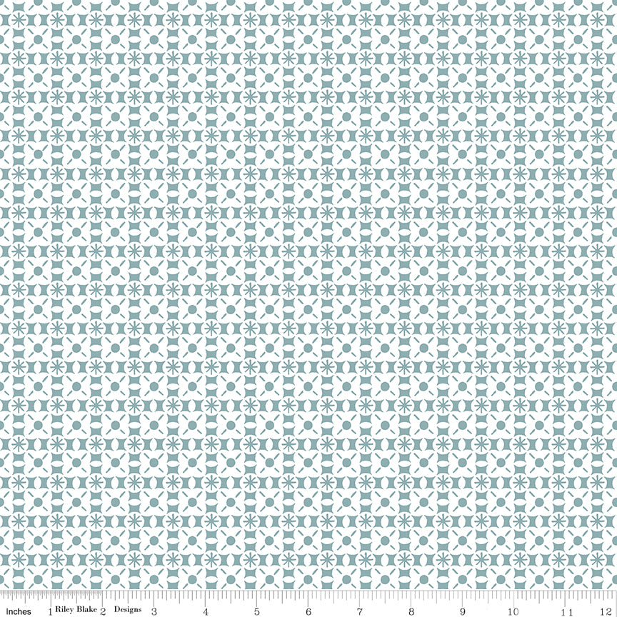 Sketchbook Geo Blue by Riley Blake - teal floral starburst and geometric motifs on white cotton fabric