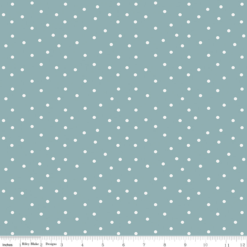 Sketchbook Dots Dusty Blue by Riley Blake - white polka dots on dusty blue cotton blender fabric