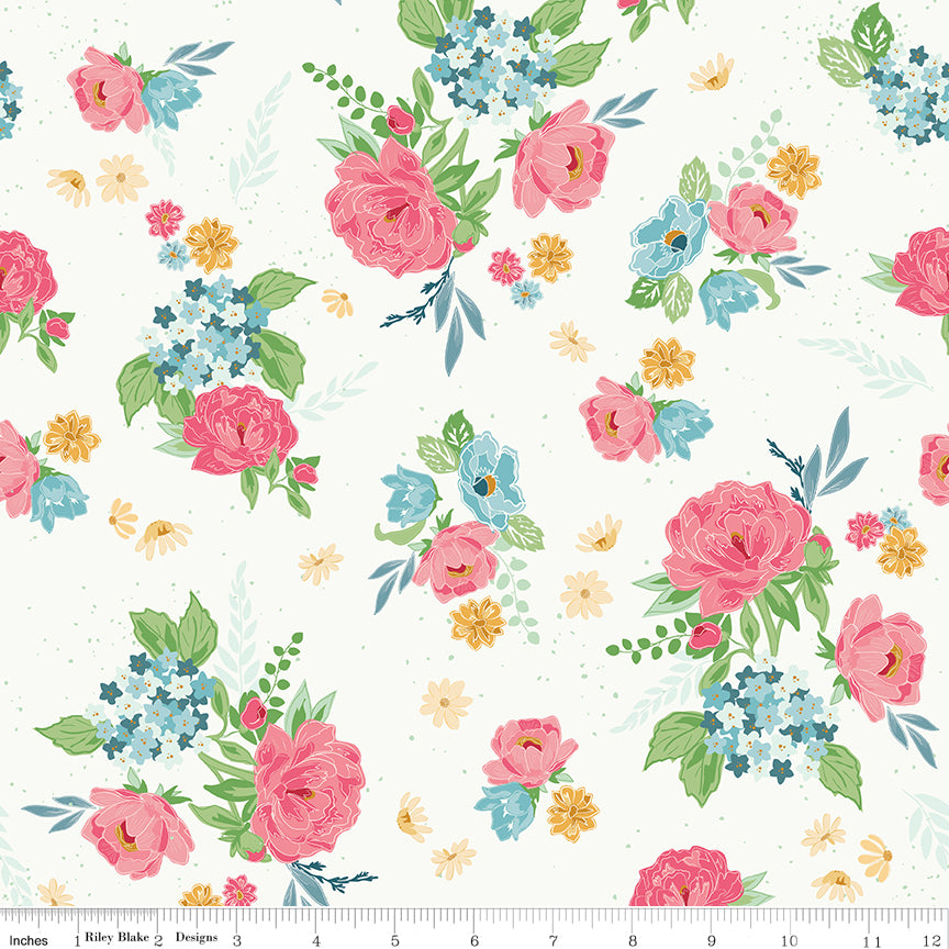 Correspondence Main Sand Dollar by Riley Blake - pink roses and wildflowers on cream cotton fabric