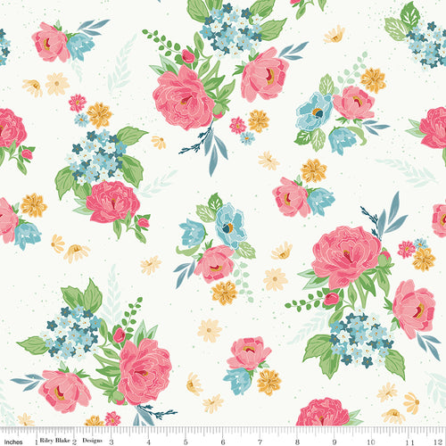 Correspondence Main Sand Dollar by Riley Blake - pink roses and wildflowers on cream cotton fabric