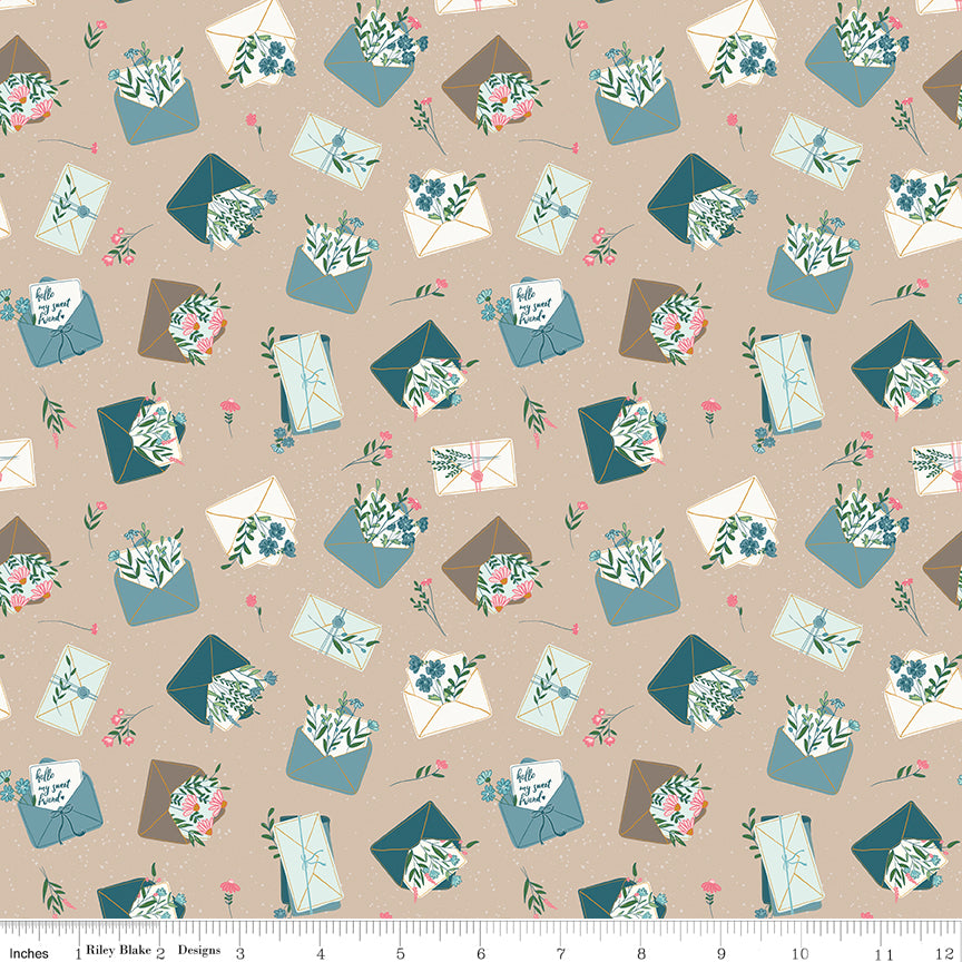 Correspondence Letters Beach by Riley Blake - floral envelopes and handwritten notes on sandy cotton fabric