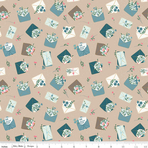 Correspondence Letters Beach by Riley Blake - floral envelopes and handwritten notes on sandy cotton fabric