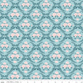 Correspondence Trellis Damask Aqua by Riley Blake - pink roses and leafy garland damask on aqua cotton fabric