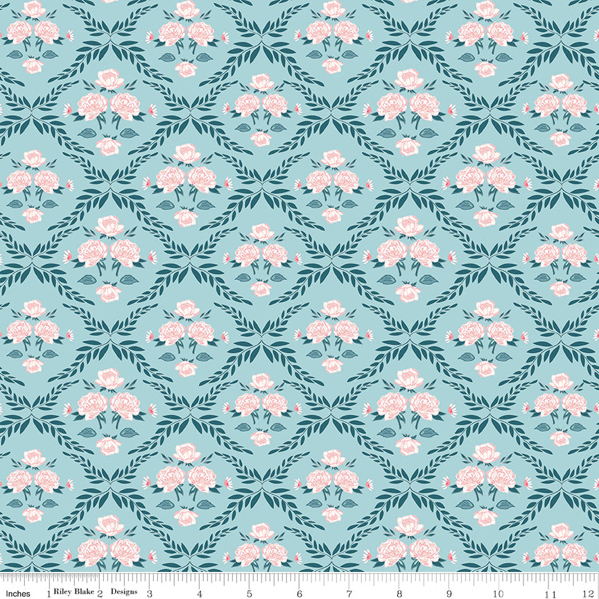 Correspondence Trellis Damask Aqua by Riley Blake - pink roses and leafy garland damask on aqua cotton fabric