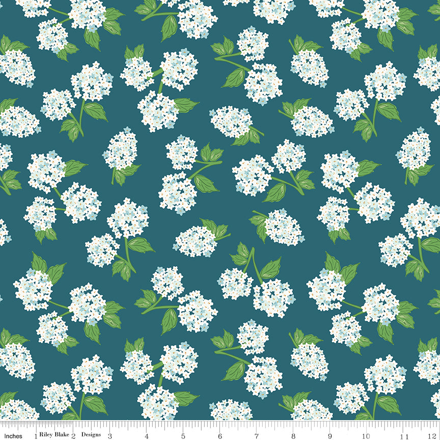 Correspondence Hydrangeas Colonial Blue by Riley Blake - white hydrangea clusters on teal blue cotton fabric
