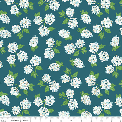 Correspondence Hydrangeas Colonial Blue by Riley Blake - white hydrangea clusters on teal blue cotton fabric
