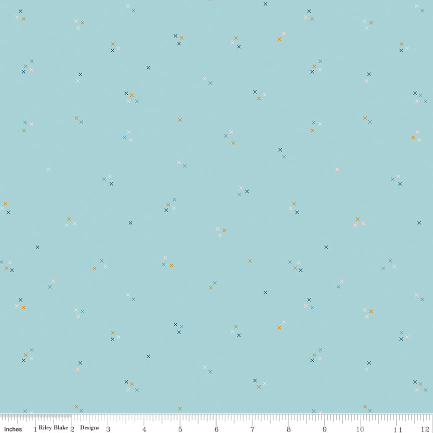 Correspondence Stitching Aqua by Riley Blake - scattered tiny stitched X's on aqua cotton blender fabric