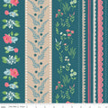 Correspondence Wide Stripe Colonial Blue by Riley Blake - floral botanical and lace stripe cotton fabric