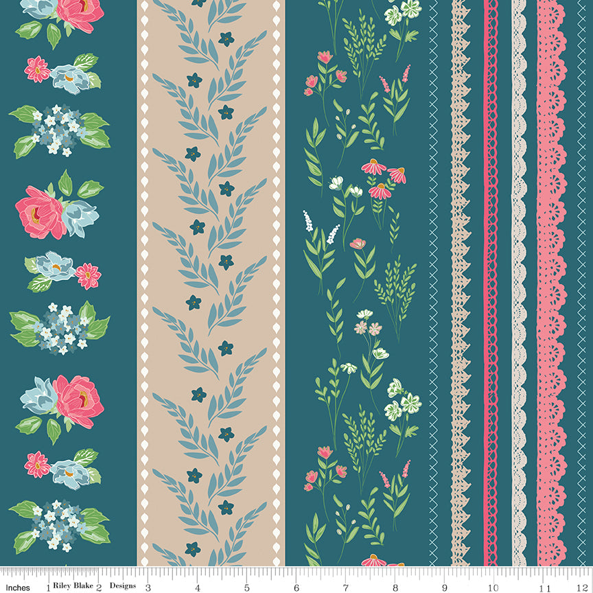 Correspondence Wide Stripe Colonial Blue by Riley Blake - floral botanical and lace stripe cotton fabric