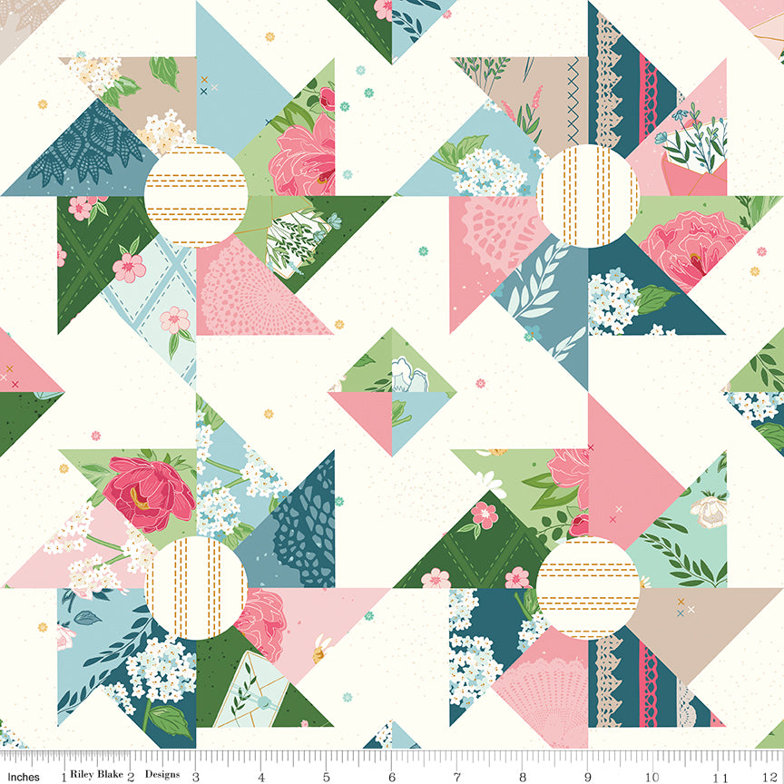 Correspondence Cheater Print Multi by Riley Blake - close up of pinwheel star blocks in pink teal and green