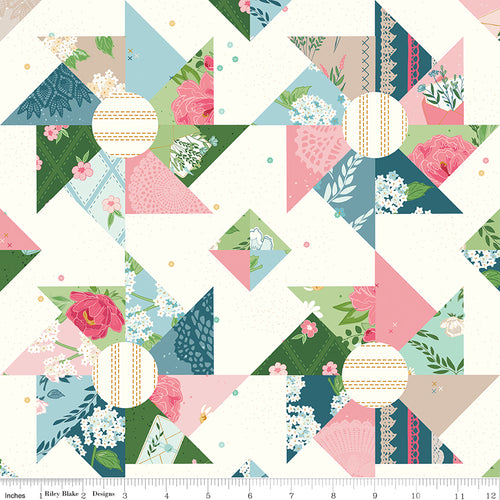 Correspondence Cheater Print Multi by Riley Blake - close up of pinwheel star blocks in pink teal and green