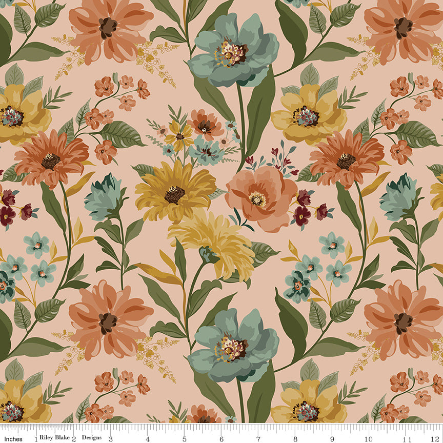 Worth Repeating Main Blush by Riley Blake - large scale terracotta teal and golden florals on blush pink cotton fabric