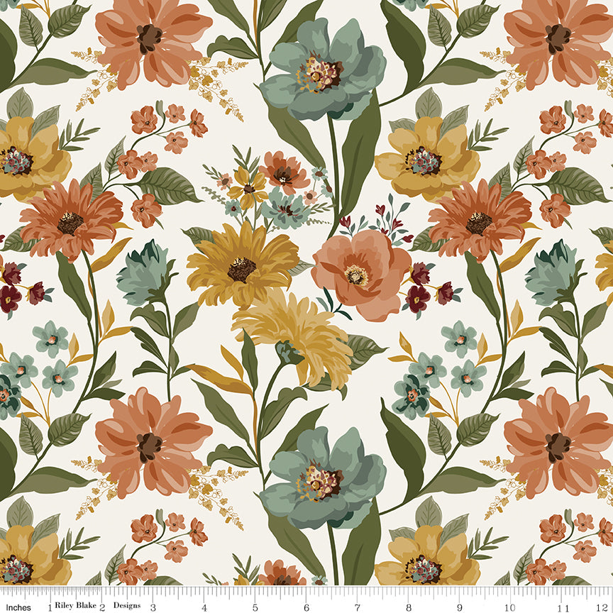 Worth Repeating Main Cloud by Riley Blake - large scale terracotta blue and yellow florals on cream cotton fabric