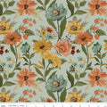 Worth Repeating Main Laurel by Riley Blake - large scale terracotta teal and golden florals on sage laurel green cotton fabric