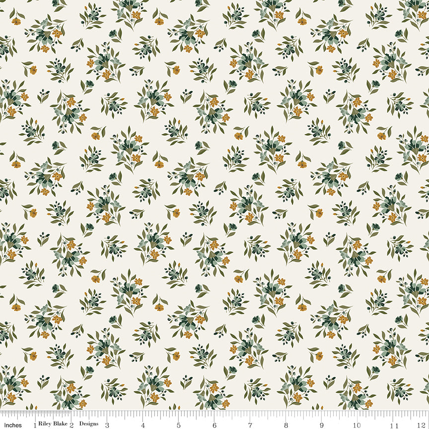 Worth Repeating Floral Cloud by Riley Blake - small sage green leaf sprigs with golden marigolds on cream cotton fabric