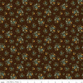 Worth Repeating Floral Coffee by Riley Blake - small teal sage leaf sprigs with golden blossoms on coffee brown cotton fabric