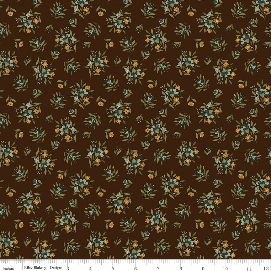 Worth Repeating Floral Coffee by Riley Blake - small teal sage leaf sprigs with golden blossoms on coffee brown cotton fabric