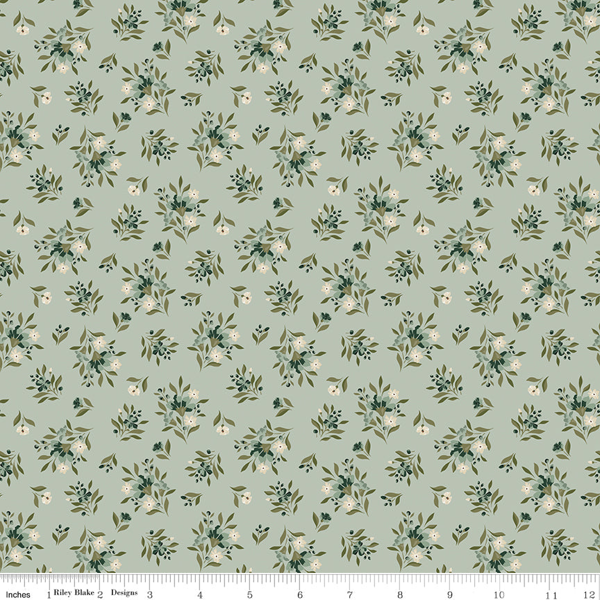 Worth Repeating Floral Laurel by Riley Blake - small sage green leaf sprigs with white blossoms on laurel green cotton fabric