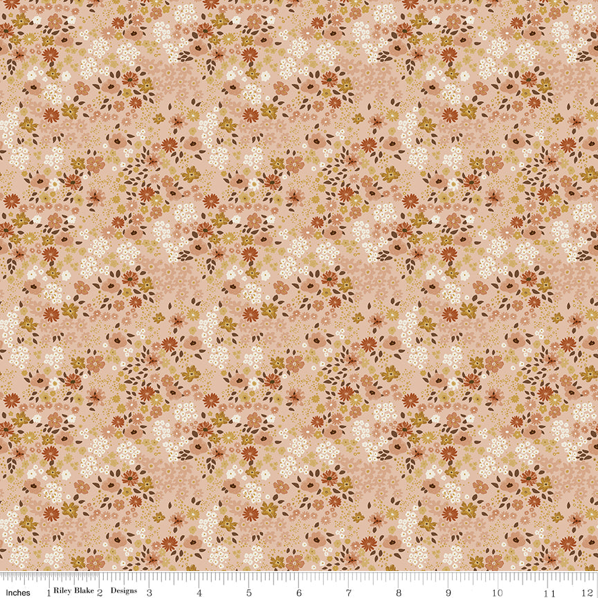 Worth Repeating Flower Garden Blush by Riley Blake - dense field of terracotta white and chartreuse wildflowers on blush pink cotton fabric