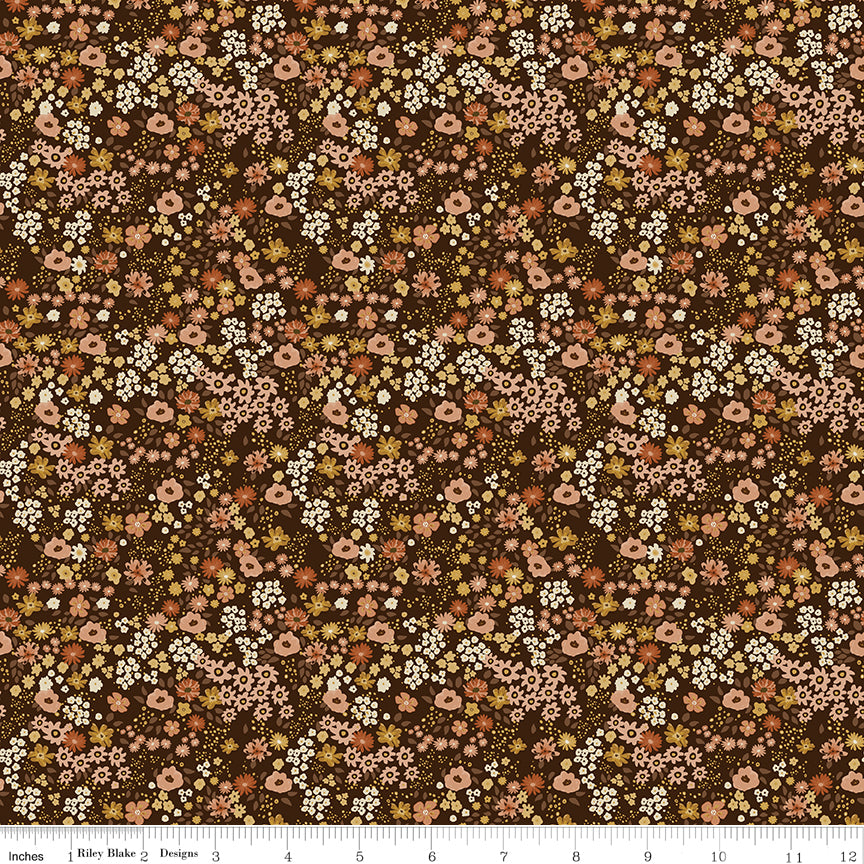 Worth Repeating Flower Garden Coffee by Riley Blake - dense field of pink peach and white wildflowers on coffee brown cotton fabric
