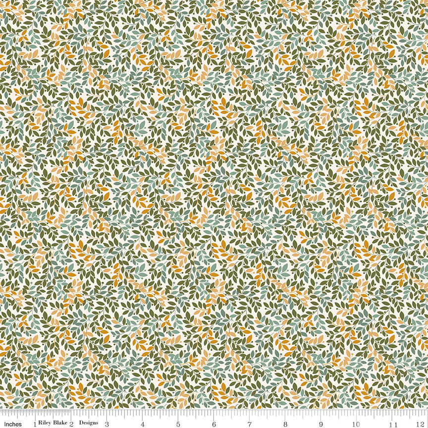 Worth Repeating Leaves Cloud by Riley Blake - dense toss of green sage blue and gold leaf sprigs on cream cotton fabric
