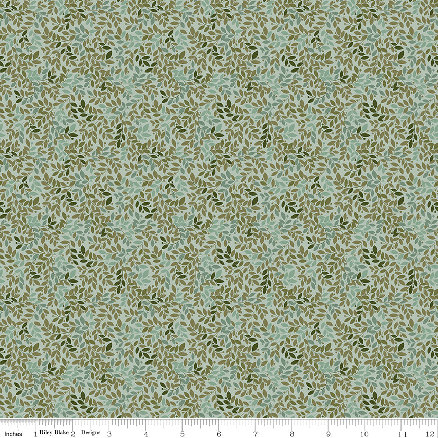 Worth Repeating Leaves Laurel by Riley Blake - dense toss of forest green olive and sage leaf sprigs on laurel green cotton fabric