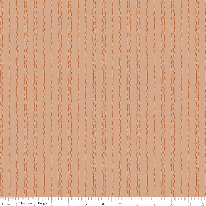 Worth Repeating Stripes Fresco by Riley Blake - tonal terracotta dash-lined herringbone stripes on peachy fresco cotton fabric