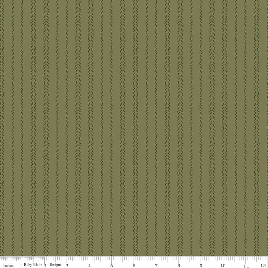 Worth Repeating Stripes Green by Riley Blake - tonal dash-lined herringbone stripes on olive green cotton fabric