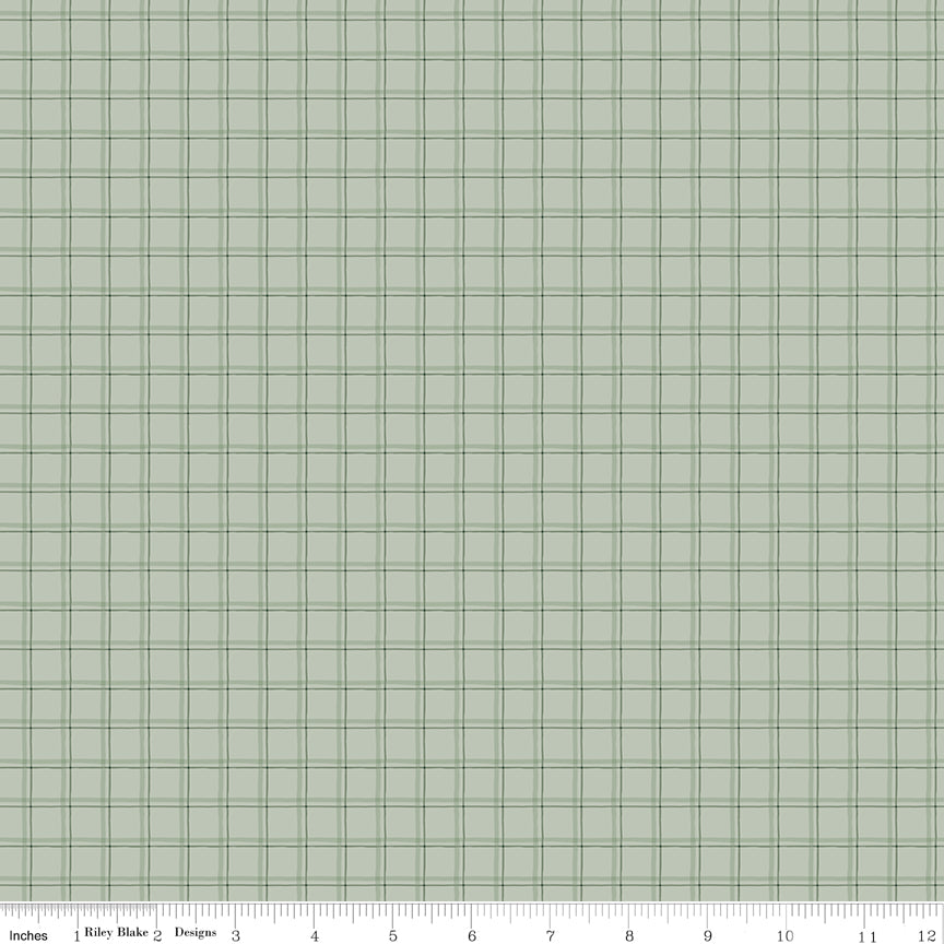 Worth Repeating Plaid Laurel by Riley Blake - tonal windowpane plaid with dark olive grid lines on sage green cotton fabric