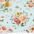 Sketchbook Main Blue by Riley Blake - hand-painted roses butterflies and ladybugs on sky blue cotton fabric