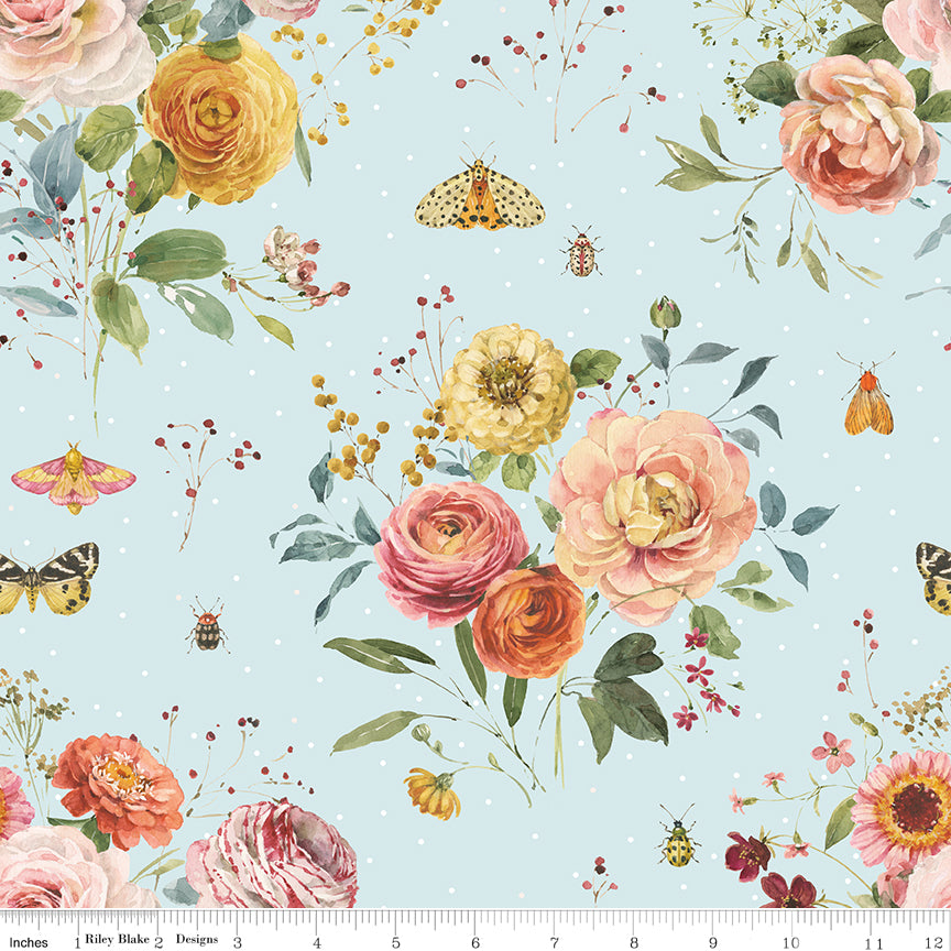 Sketchbook Main Blue by Riley Blake - hand-painted roses butterflies and ladybugs on sky blue cotton fabric