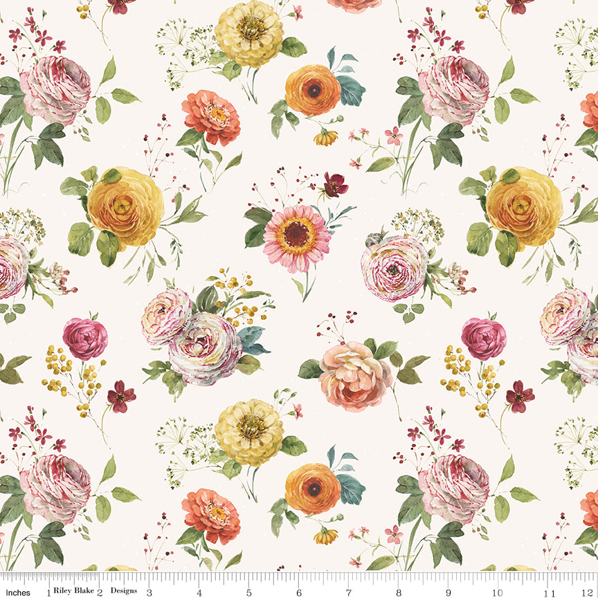 Sketchbook Stems Cream by Riley Blake - vintage watercolor floral bouquets on cream cotton fabric