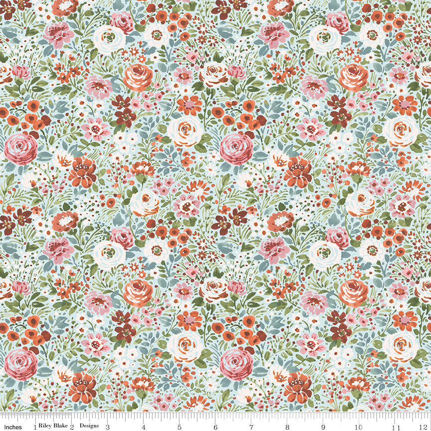 Sketchbook Flower Garden Blue by Riley Blake - dense hand-painted roses and wildflowers on blue-grey cotton fabric