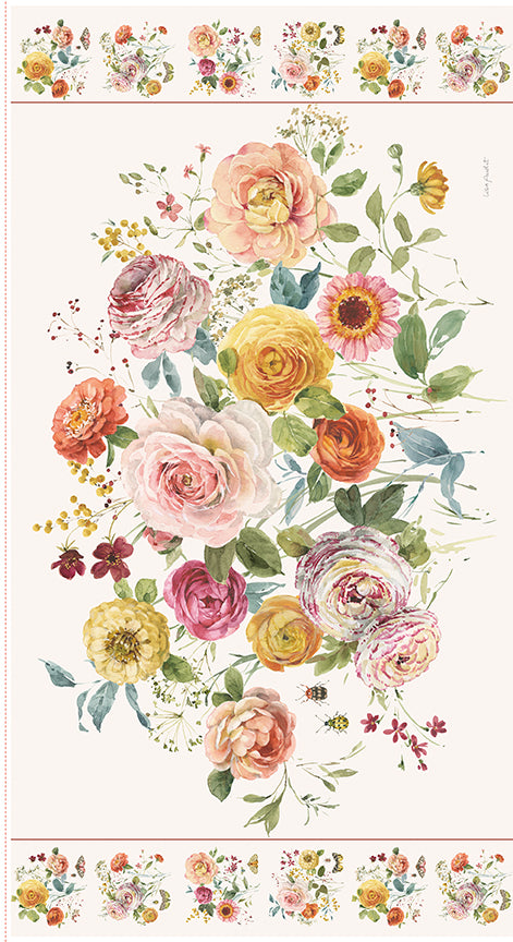 Sketchbook Floral Panel by Riley Blake - digitally printed vibrant floral bouquet with coordinating border on cream cotton