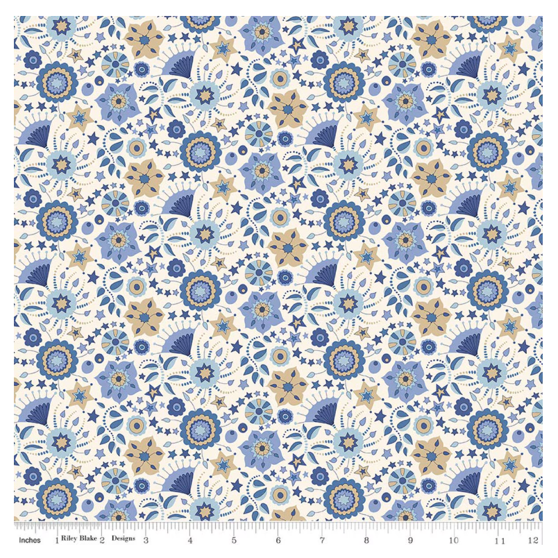 Liberty Summer Fair Festival Florals B - blue botanical floral cotton fabric yardage view