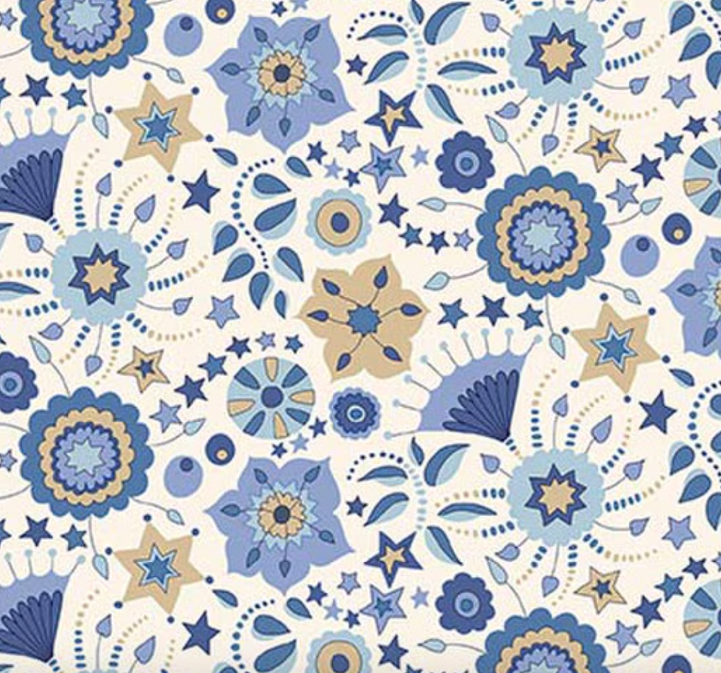 Liberty Summer Fair Festival Florals B - close up of blue kalmia flowers stars and fan shapes on white ground